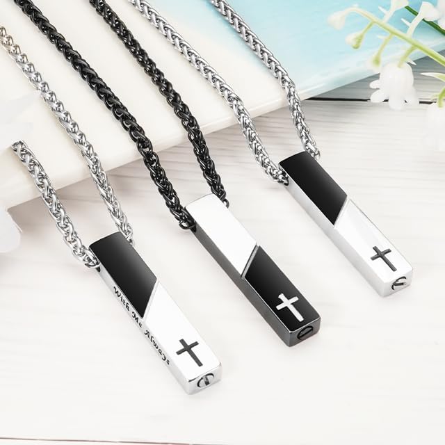 Abooxiu Urn Necklace for Ashes Cremation Jewelry for Ashes Cube Ashes Keepsakes Necklace Cross Bar Stainless Steel Memorial Urn Pendant Keepsake for Women Men - Image 4