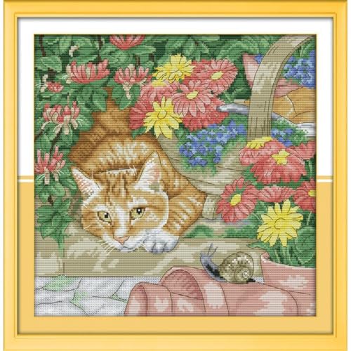 Image of Cats Stamped Cross stitch, 11CT Printed Cross Stitch Kits , Holiday Gift DIY Needlepoint Kits, Easy Patterns Embroidery for Adults Arts and Crafts Home Decor-Cat and snail(11CT) 18.50 x18.50 inch