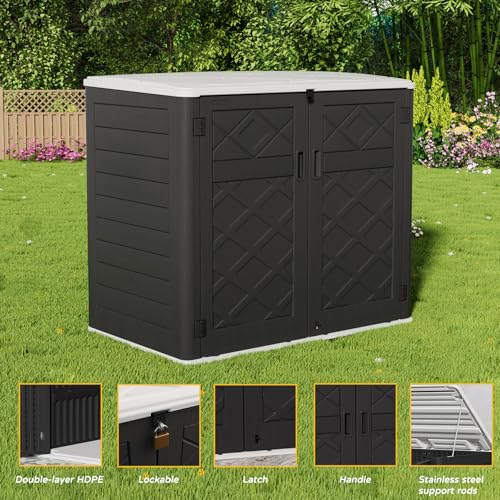 Image of Mrosaa Resin Outdoor Storage Shed, 38 cu.ft Outdoor Storage Box Waterproof for Garden Tools, Patio Furniture, Trash Cans, Garage Storage, Lockable (Black)