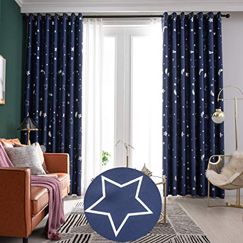 Image of Jarl home Navy Nursery Blackout Curtains for Bedroom - Star Moon Print Thermal Insulated Grommet Black Out Window Curtain 2 Panels for Living Room