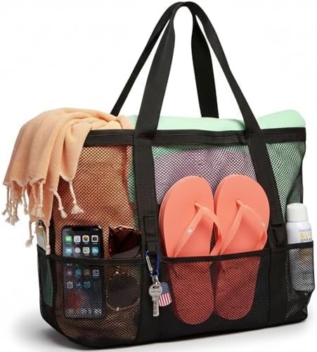 F-color Mesh Beach Bag Family - Large Travel Tote Bag for Beach Pool Cruise