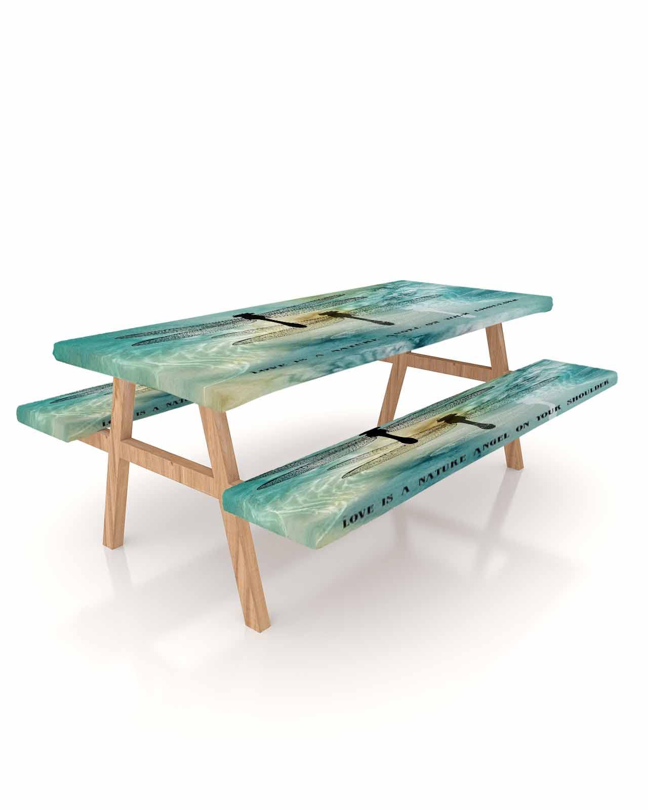 Picnic Table and Bench Fitted Tablecloth Cover for Outdoor Indoor Patio Use - Elastic Waterproof Oilproof Tablecloth Watercolor Dragonfly Love Quotes Love is a Nature Angel on Your Shouder Table Cover