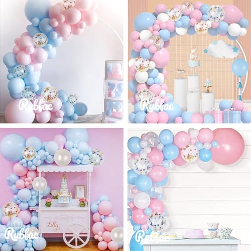 Image of RUBFAC 65pcs Pink and Blue Balloons Kit, 12 Inches Gender Reveal Pastel Pink Blue and White Balloons with Confetti Latex Balloons for Birthday Baby Shower Wedding Gender Reveal Party Decorations