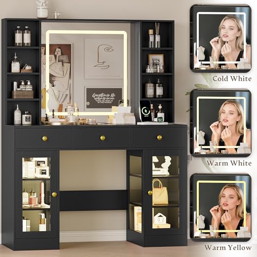 Image of Makeup Vanity Desk with Mirror and Lights, 43 inch Black Vanity with Glass Top, Jewelry Storage, 3 Drawers & Glass Cabinets, Power Outlet & Adjustable LED Lights, Dressing Table for Women & Girls Bedroom