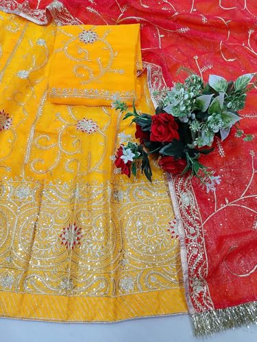 Image of Heavy Embroidery Work Semi Stitched Shimmer Silk Rajputi Poshak For Women Rajasthani Lehenga Choli