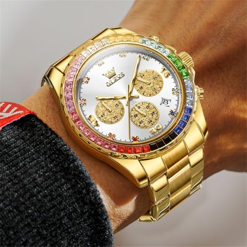 Image of OLEVS Watch for Men Luxury Gold Diamond Chronograph Business Wristwatch with Analog Quartz, Date Calendar, Stainless Steel Band, Luminous Hands, Waterproof