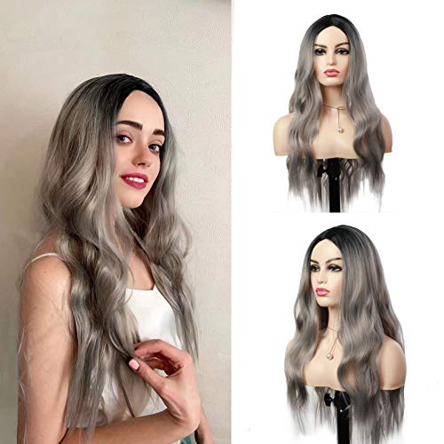 Long Wavy Synthetic Wigs Natural Full Wigs Hair Synthetic Heat Resistant wigs for women human hair Daily Cosplay Wear Women's Costume Wigs（24" Black To Gray）