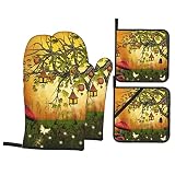 Fairies Butterflies Elves Oven Mitts and Pot Holders Heat Resistant 4pcs Set BBQ Gloves and Pads for