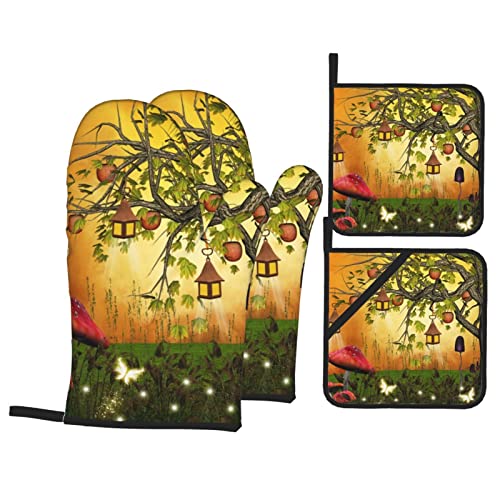 Fairies Butterflies Elves Oven Mitts And Pot Holders Heat Resistant 4Pcs Set Bbq Gloves And Pads For Cooking Baking Grilling #TOP18
