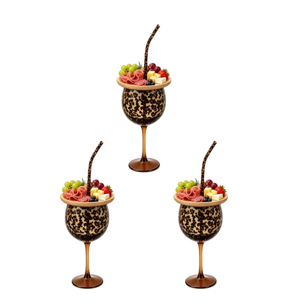 Leopard Print Goblet Glass Gift Set with Wooden Charcuterie Board Topper