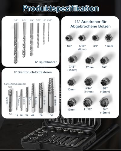 XSTARYE 26Tlg Linksausdreher Schrauben Ausdreher Set mit Sechskant-Adapterbolzen für beschädigte, verrostete Schrauben, Muttern und Gewindestangen