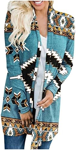 Womens Cardigan Sweaters Lightweight Women Mid Length Coat Western Ethnic Print Top Retro Casual Aztec Print (Blue, XL)