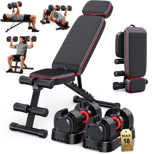 Rendpas Adjustable Dumbbell Set with Workout Bench at Home (50 LBS)