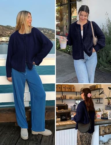 Image of Women's Casual Puff Long Sleeve Crew Neck Cardigan Button Down Open Front Knit Loose Sweater Outwear