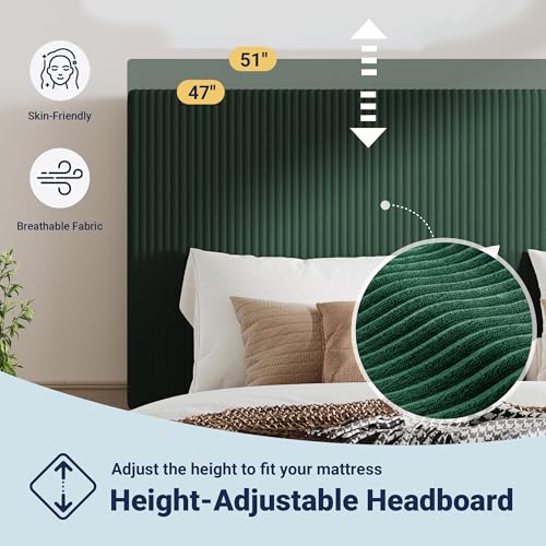 Image of Allewie King Bed Frame, Corduroy Tufted Headboard, Dark Green | Soft Corduroy Fabric, Adjustable Headboard, 1000 lb Capacity, Wooden Slats, No Box Spring Needed, Easy Assembly