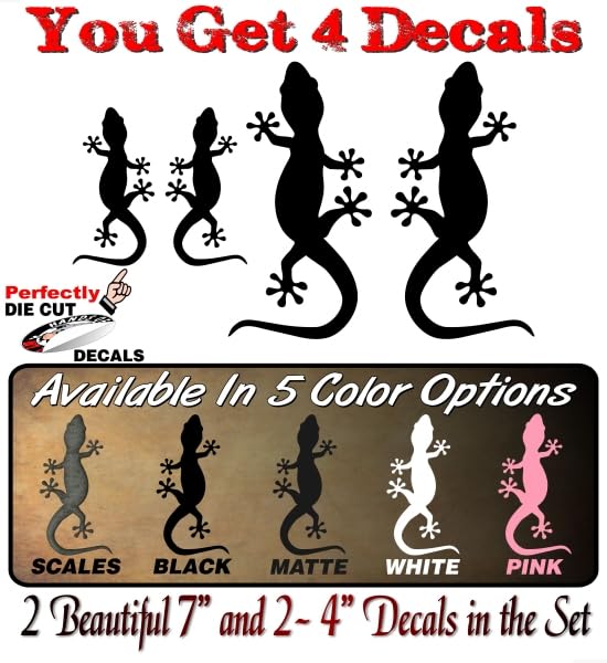 Image of 4 Gecko Climbing Solid Black Vinyl 4 inch and 7 inch Decal Set Reptile Lizard Cute Car Decals Pet Terrarium Accessories Stickers (4 Solid Black Decal Set)