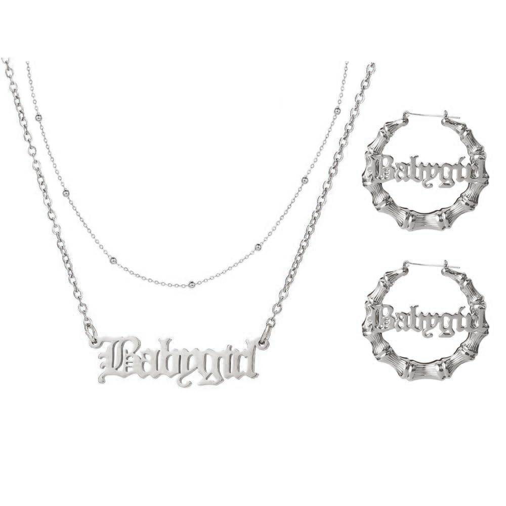 Hip Hop Bamboo Hoop Earrings for Women Stainless Steel Old English Font Letter Pendant Necklace 80s/90s Costume Accessory Party Jewelry Set