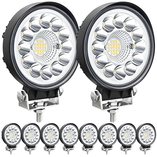 Image of Round LED Off Road Lights, 4 Inch 12V 24V LED Tractor Work Lights Pods, 120W 10000lm Offroad Driving Lights for Truck ATV UTV RV OTR Boat Pickup Golf Cart, 10PCS