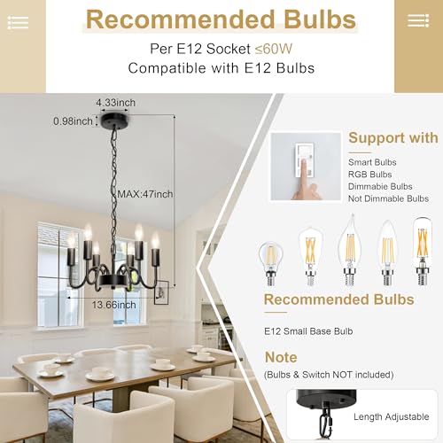hansang Black Chandelier for Dining Room, Rustproof 6-Light Farmhouse Chandelier Light Fixture, 47Inches Modern Candle Hanging Light for Bedroom, Adjustable Rope, E12 Small Base, Bulbs Not Included
