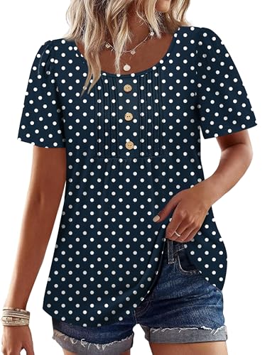 Image of Womens Tops Dressy Casual Blouses Short Sleeve Shirts Plus Size Fashion Clothing Spring Summer Outfits Button Pleated Front