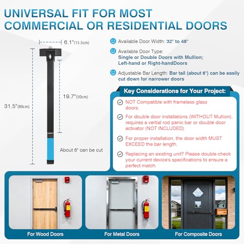 IRONWALLS 32 Inch Commercial Push bar Panic Exit Device for Emergency Exit Doors 32" to 48" Wide, Heavy Duty Stainless Steel Panic Bars with Exterior Lever Trim Handle, Panic Door Hardware, Black by IRONWALLS - Used condition - Image 3