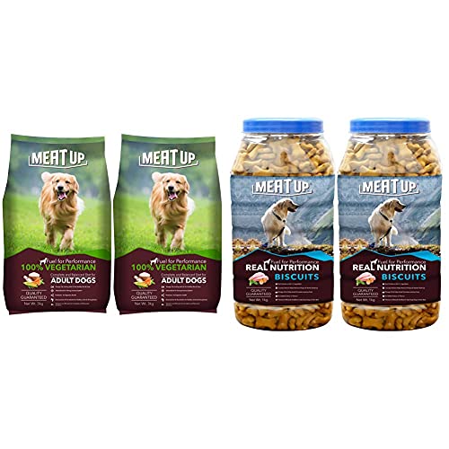 Image of Meat Up 100% Veg Adult Dog Food, 3kg & Chicken Flavour Real Chicken Biscuit, 1kg (Buy 1 Get 1 Free)