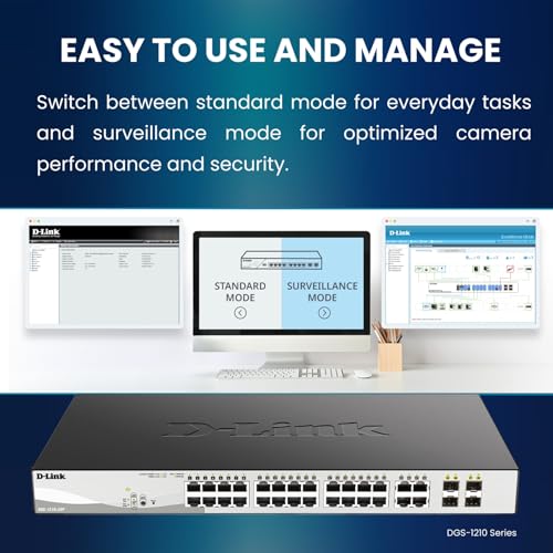 Image of D-Link 28-Port Gigabit Smart Managed PoE+ Switch, 24 PoE+ Ports (370W) + 4 SFP Combo Ports, L2+, VLANs, Web Managed, Surveillance Mode, Rackmount, Energy Efficient, NDAA Compliant (DGS-1210-28MP)