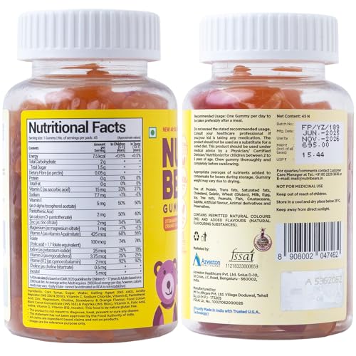 Image of NutriBears Kids Multivitamin Gummies with Vitamins A, C, B, D, and Zinc, 45 Gummy Bears, No Pillow Pack, Strawberry and Orange Flavour, Supports Daily Wellness and Immune System Support