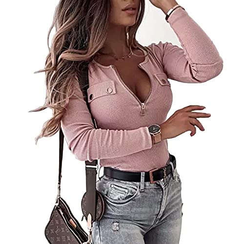 Womens Long Sleeve Henley T Shirts Button Down Slim Fit Zipper Tops Scoop Neck Ribbed Knit Shirts(Pink,Small) #TOP3