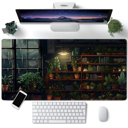 Lofi Cat Desk Mat Dark Green Plant Books Desk Pad Black Cat Aesthetic Anime Big Mouse Pad Large Gaming Mousepad XL Cool Keyboard Pad Deskmat Laptop Computer Mouse Mat 31.5X 15.7in