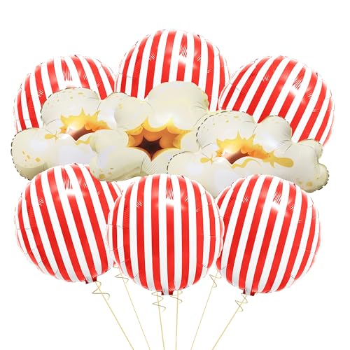 Juego de globos de palomitas de maíz, 9 globos de aluminio con palomitas de maíz y círculos de rayas rojas y blancas, decoraciones de fiesta de noche de cine para temática de Hollywood, fiesta de