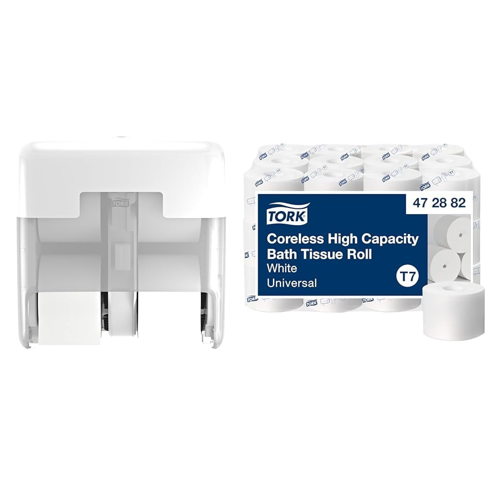 Tork OptiServe 4-Roll Coreless Toilet Paper Dispenser White T7/T5, Vertical Dispenser, Elevation Design + Tork OptiServe Coreless Toilet Paper White T7, Universal, 2 Ply, 36 x 1000 Sheets