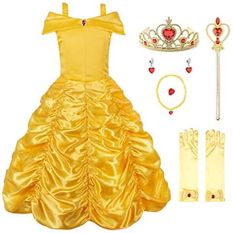 JerrisApparel Princess Belle Off Shoulder Layered Costume Dress for Little Girl (8 Years, Yellow with Accessories) Cover