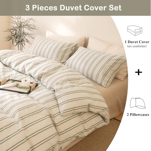 Image of VM VOUGEMARKET 100% Washed Cotton Striped Duvet Cover Sets King,Beige Duvet Cover with Gray Stripes Pattern Printed Comforter Cover with Zipper Closure & Corner Ties(3pcs,King Size)