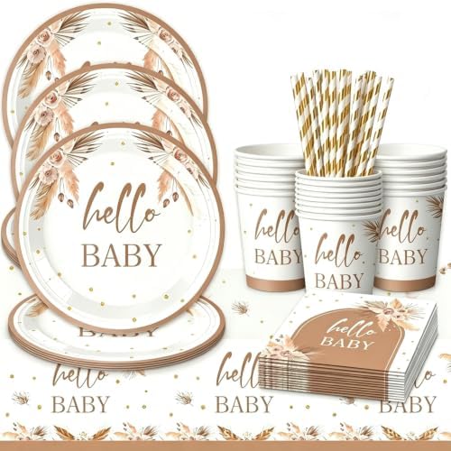 YRsorn Party Geschirr Taufe Taufdeko Junge Mädchen Papiergeschirr Set Boho | Für 20 Gäste, Deko Strohhalme, Pappbecher, Servietten, Pappteller und Tischdecke
