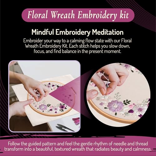 Image of Unwynd Embroidery Kit Floral Theme for Beginners, Satin Stitch Hand Embroidery Kit for Adults, Easy DIY Craft, Valentine's Day Gift with Flower Pattern Design