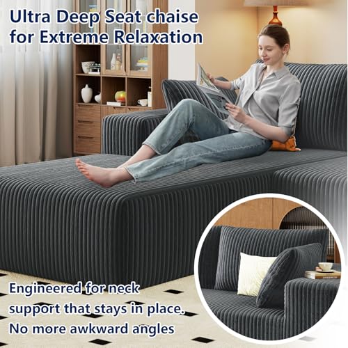 Image of 96 inch Modular Sectional Sofa, Modern Corduroy Cloud Couch with Deep Seat, Boneless Couch Upholstered 3-Seater L-Shaped Sofa for Living Room, No Assembly Required (Dark Grey, Left-Facing Chaise)