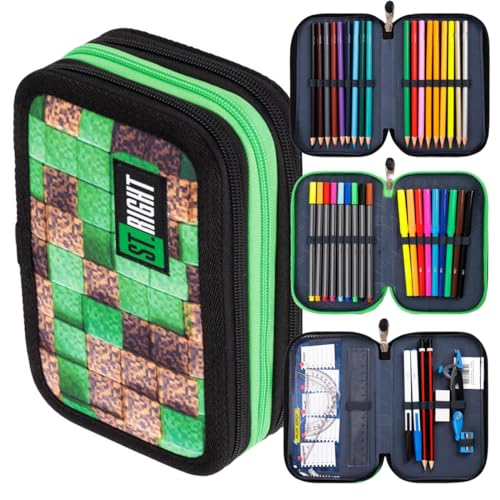 St. Right XXL Federtasche Federmappe Federmäppchen 46-teilig gefüllte Schüleretui 3-stöckig 19 x 13 x 7 cm, 3-Fach Schulstiftetui, dreifaches Federmäppchen Junge Mädchen Pixel Cubes