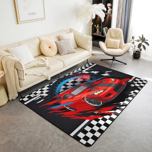 Racing Car Area Rug 3'x5', Red Sports Car Non Slip Rug for Kids Teen Boys Women Men,Black White Grid Plaid Indoor Floor Mat for Dining Room Backyard Decor