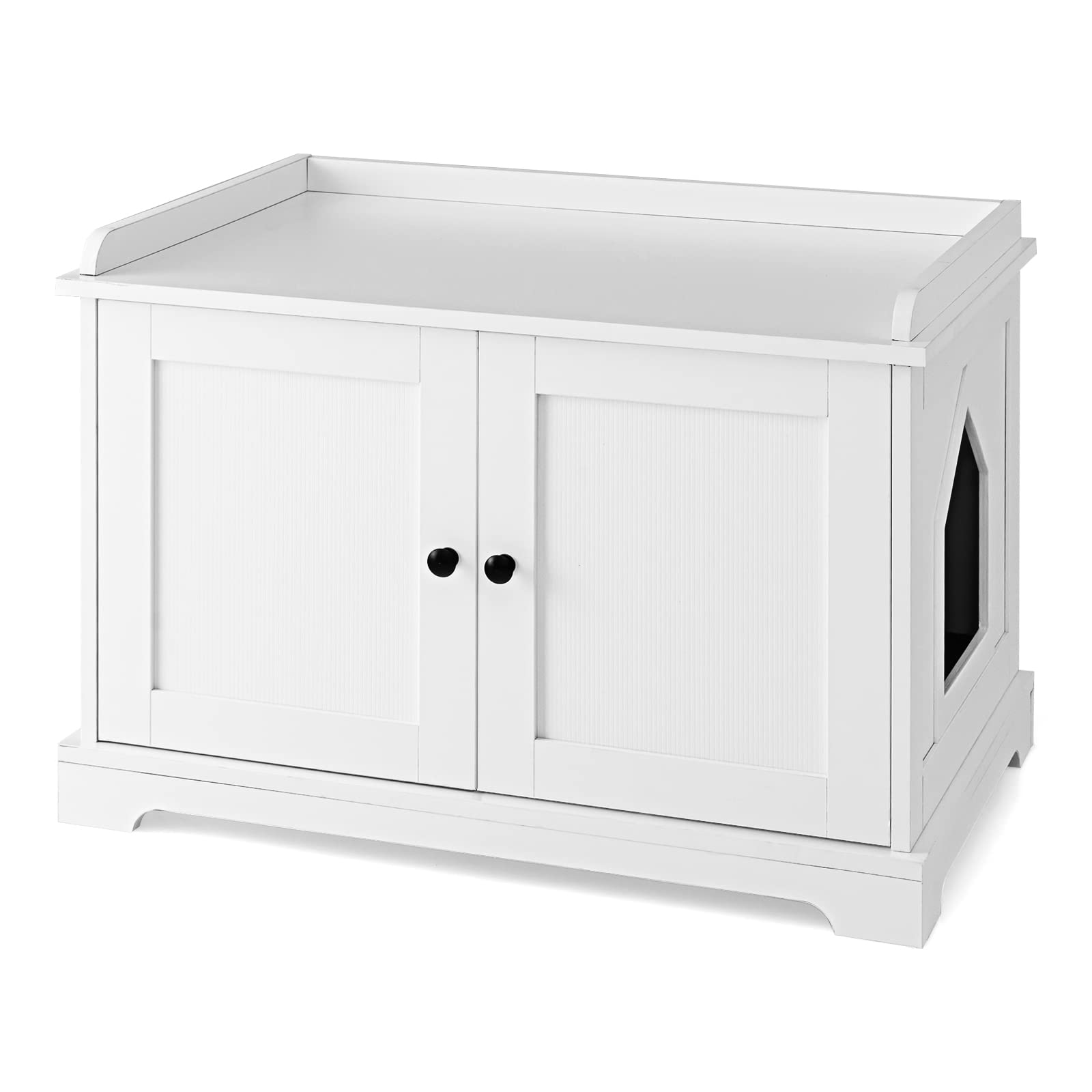 GYMAX Cat Litter Box Enclosure, Hidden Kitty Washroom Storage Cabinet with Scratching Pad and Adjustable Divider, Indoor Cat Houses End Table for Living Room, Bedroom & Hallway, White