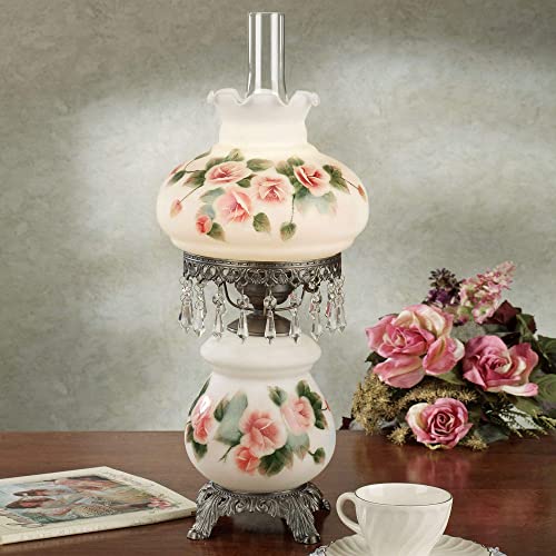 Touch Of Class Adelaide Hurricane Table Lamp - Vintage Traditional Parlor Style - Handpainted Pink Roses Design - Scalloped Glass Shade - Faux Crystal Beads - Victorian Bedroom Decor - 24 Inches High #TOP3