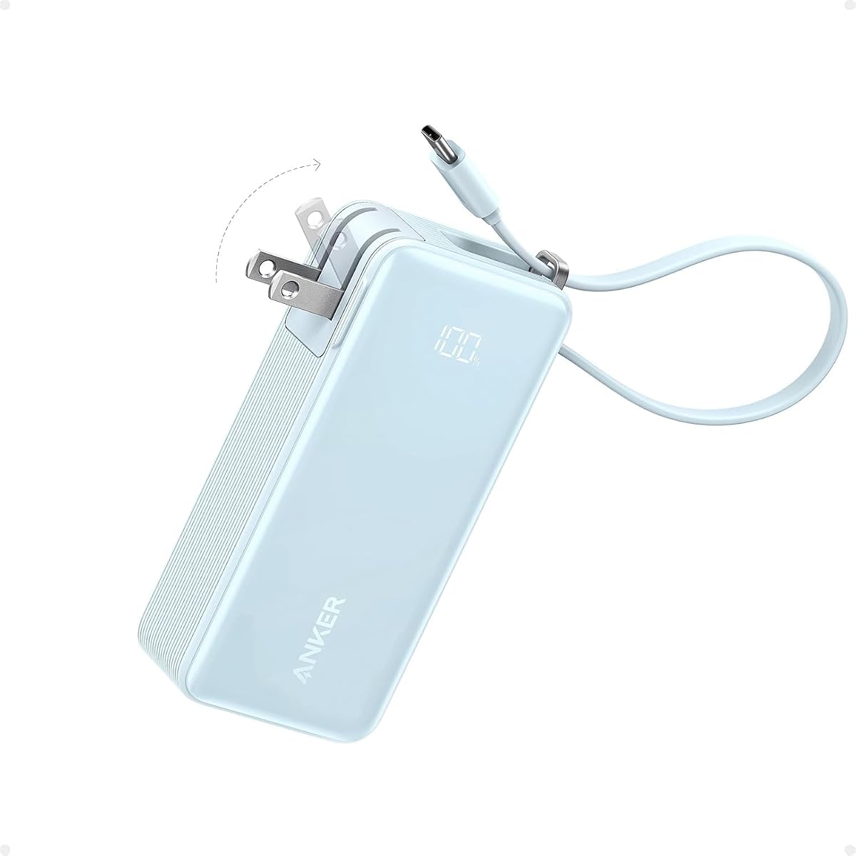 Cargador portátil nano 3 en 1, banco de energía de viaje de 10,000 mAh 30 W | Paquete de batería con cable USB-C incorporado y enchufe de pared plegable, para iPhone series 17/16/15 (azul)