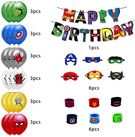 Superhero Theme Birthday Party Supplies 1Pcs Banner 18Pcs Children Balloons 12Pcs Children Superhero Masks and Superhero Slap Bracelet Party Decorations The Best Birthday Gifts for Kids