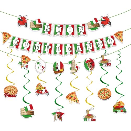 Italian Pizza Party Decorations - Buon Compleanno Banner with Hanging Swirls Pizza Birthday Banner Italian Decor