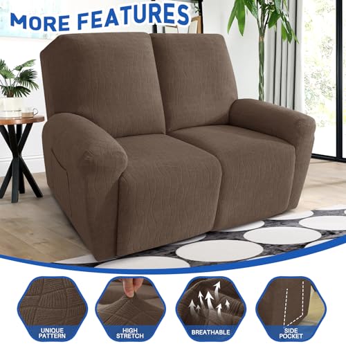 MAXIJIN Waterproof Loveseat Recliner Cover 4 Pieces Reclining Love Seat Slipcvers, Recliner Sofa Cover 2 Seater with Elastic Straps & Pockets for Pet, Kids (Loveseat Recliner, Light Coffee) by MAXIJIN - Image 2