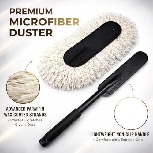 Image of Microfiber Car Duster with Handle, Wax-Coated Cotton Strands Cleaning Brush with Storage Cover (Wax Coated)