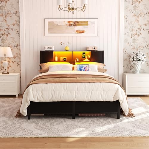 Homieasy Full Size Bed Frame with Storage Headboard and Charging Station, Industrial Platform Metal Bed with LED Lights, Steel Slat Support, No Box Spring Needed, Noise-Free, Easy Assembly, Black
