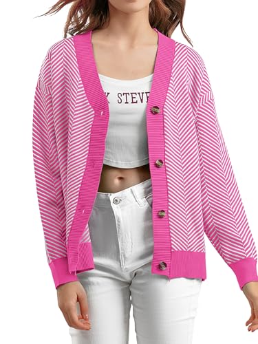 Image of ZAFUL Women's Striped Cardigan Button Up Open Front Knit Oversized Sweater | Button down, Soft chunky knit, Lightweight, Loose fit, Long lantern sleeve, Casual Daily Going Out, Fall Winter Outfits