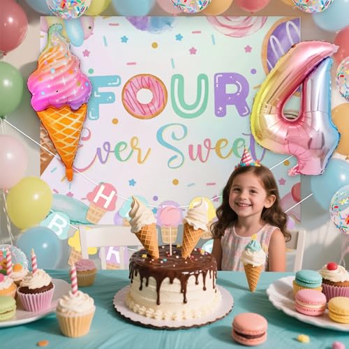Image of Four Ever Sweet 4th Birthday Decorations for Girl Ice Cream 4 Year Old Birthday Decor Pink Donut Number 4 Balloon Backdrop Party Supplies