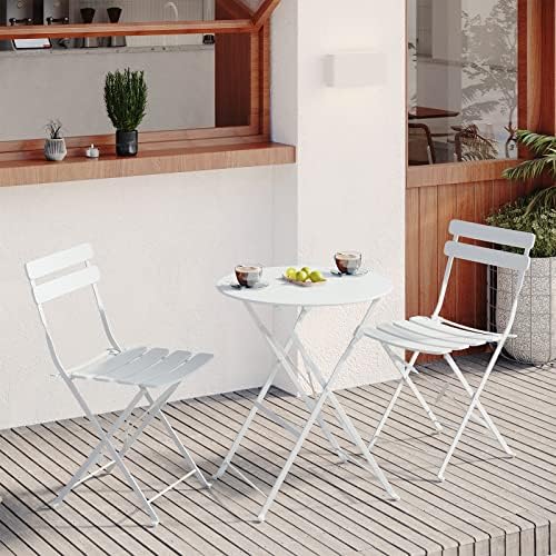 OC Orange-Casual 3-Piece Outdoor Furniture Set, Premium Steel Patio Stripe Small Bistro Set, Folding Dining Table and Chairs for Porch Balcony, White